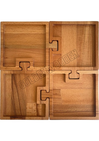 Doğal Ahşap Puzzle Sunum Tabakları Kare Ahşap Çerez Tabakları Kayın/gürgen 4 Parça
