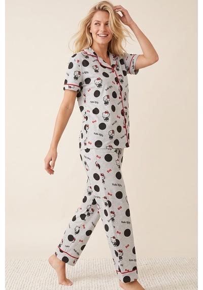 Siyah İnci Hello Kitty Lisanslı %100 Pamuk Pembe Çok Renkli Düğmeli Biyeli Pijama Takım 26120451 Gri Melanj