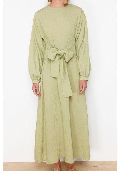 Ersefa Moda Regular Casual Günlük Crinkle Dokuma Bisiklet Yaka Uzun Kol Haki