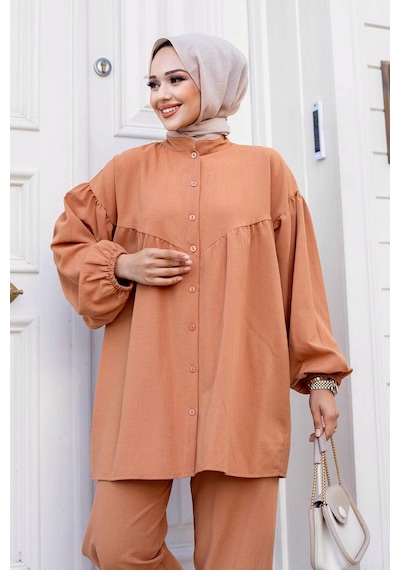 Misskayle Balon Kol Tesettür Camel Takım Camel