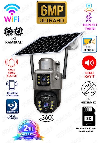 Wifi 3 Kameralı Solar Panelli İkaz Lambalı Gece Görüşlü Güvenlik Kamerası