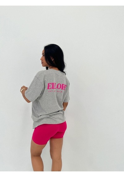 Ellore T-shirt - Gri Baskılı Oversize Bisiklet Yaka Kısa Kol Tişört Gri