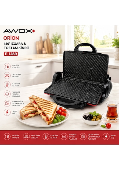 Awox Orion Kırmızı 8 Dilim Elektrikli Teflon Tost Makinesi - 180 Izgara 6 Kademe Isı Ayarı 1800w 4801
