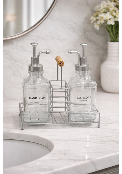 Buççin Online Mağaza Metal Stantlı 2 X 500 Ml Cam Sıvı Sabunluk Deterjanlık Seti Bambu Tutacak Şık Başlık Cam Gümüş Çok Renkli