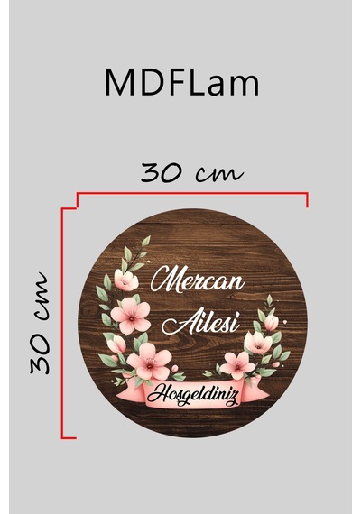 Dijital Baskı Ahşap, Yarım Çember Pembe Çiçek Desenli, Kişiye Özel Kapı Süsü, Duvar Süsü