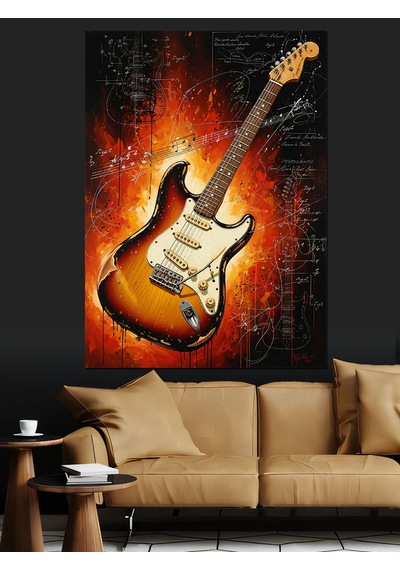 Ahşap Tablo Yanık Gitar Alevli Müzik