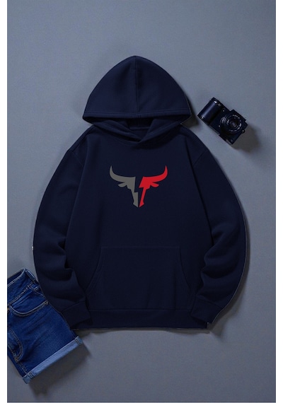 Uyguntarz Boğa Tasarım Baskılı Unisex Oversize Sweatshirt Lacivert