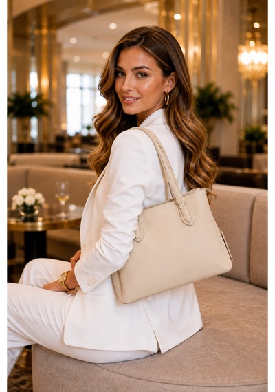 Just Polo Kadın Günlük Veya Özel Kullanıma Uygun Ayarlanabilir Askılı Lüks Tasarım El Ve Omuz Çantası Shopper Krem