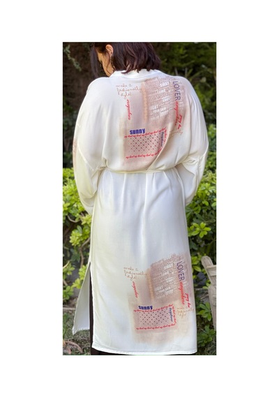 Lila Mare Çiçekli Yazılı Kimono Renkli Renkli