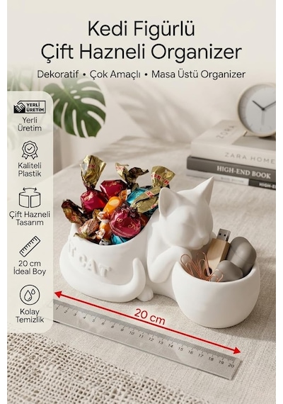 Çift Hazneli Organizer Plastik, Kedi Tasarımlı, Beyaz, Kahverengi, Siyah