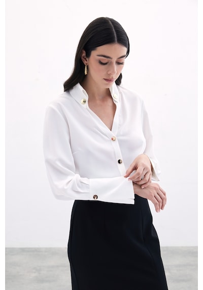 Sateen Çıt Çıt Detaylı Gömlek - Ekru-135828 Ekru