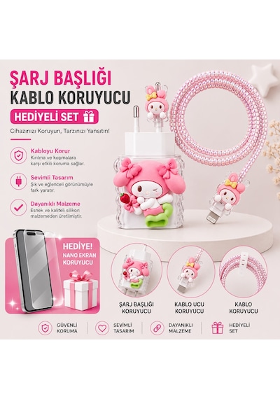 İphone 15 Plus Uyumlu Nano Ekran Koruyucu Hediyeli Şarj Başlığı & Kablo Koruyucu Koruma Seti Mavi