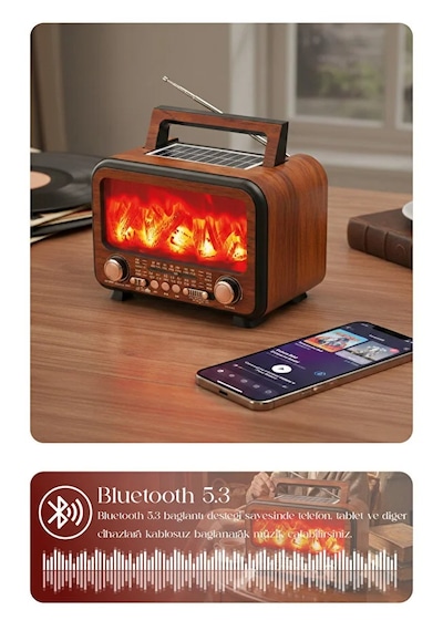 Güneş Enerjili Nostaljik Alev Efektli Şömine Tasarım Bluetooth Hoparlör Radyo