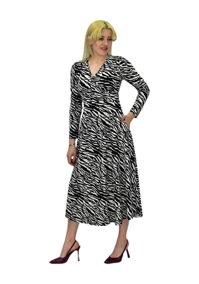 Kadın Krep Zebra Desenli V Yaka Elbise Bgl-st03537 001