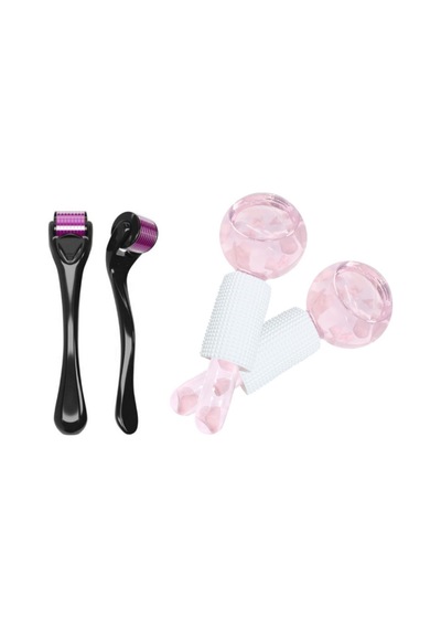 Titanyum Uçlu 540 İğneli Derma Roller 1 Mm Ve Ice Globes Buz Küresi Soğuk Masaj Topu 2 Adet Pembe Karışık