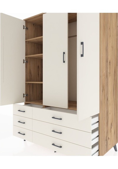 Kronos Dolap 5 Raflı 6 Çekmeceli Tek Askılı 132x59x195 Çam-ay... Çam