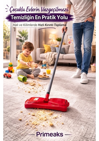 Pratik Gırgır Halı Ve Kilim Temizleyici - 120 Cm Uzun Gri Metal Saplı Mekanik Süpürge Çok Renkli