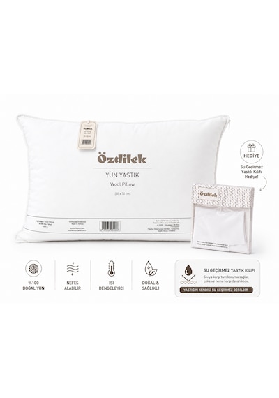 Özdilek %100 Doğal Yün Yastık 50x70 Cm Nefes Alan, Isı Dengeleyici Premium Uyku Yastığı + Su Geçirmez Yastık Kılıfı Hediyeli Krem