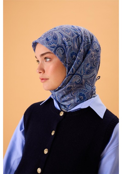 Silk Home İnce Pamuk Soft Eşarp Saks-indigo Desenli Tok Duruşlu 90x90 Çok Renkli