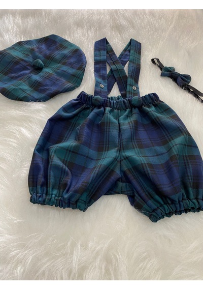 Eylülce Butik Yeşil Ekoseli Çocuk Askılı Şort Salopet & Ressam Şapkası & Papyon Takım