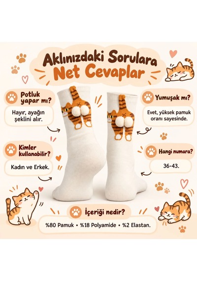 Genel Kadın Krem Turuncu Kedi Desenli Ponponlu Soket Çorap Seti Kedi Figürlü Eğlenceli Ço Krem / 36-40
