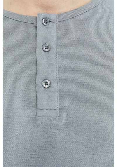 Erkek Henley Yaka %100 Pamuklu Dokulu Kumaştan Kısa Kollu Günlük Basic Tişört Gri
