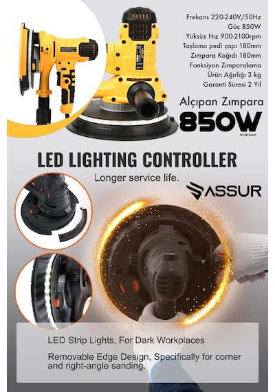 Assur ASR418-02-52 850 W Ledli Toz Emmeli Zımpara Makinesi Sarı