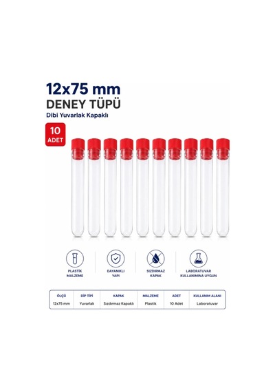 12x75 Mm Deney Tüpü Dibi Yuvarlak Kapaklı 10 Adet
