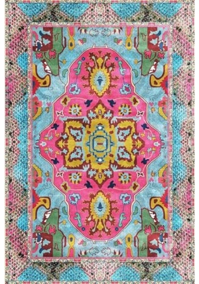 Adoni Desenli Kadife Pamuk Tabanlı Yıkanabilen Kaydırmaz Antibakteriyel Salon Halısı 60x190 Çok Renkli