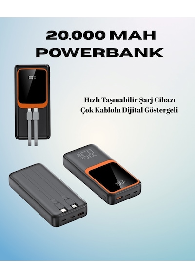 20000 Mah Powerbank Çok Kablolu, Dijital Göstergeli, Yüksek Hızlı Şarj Cihazı Açık Mor
