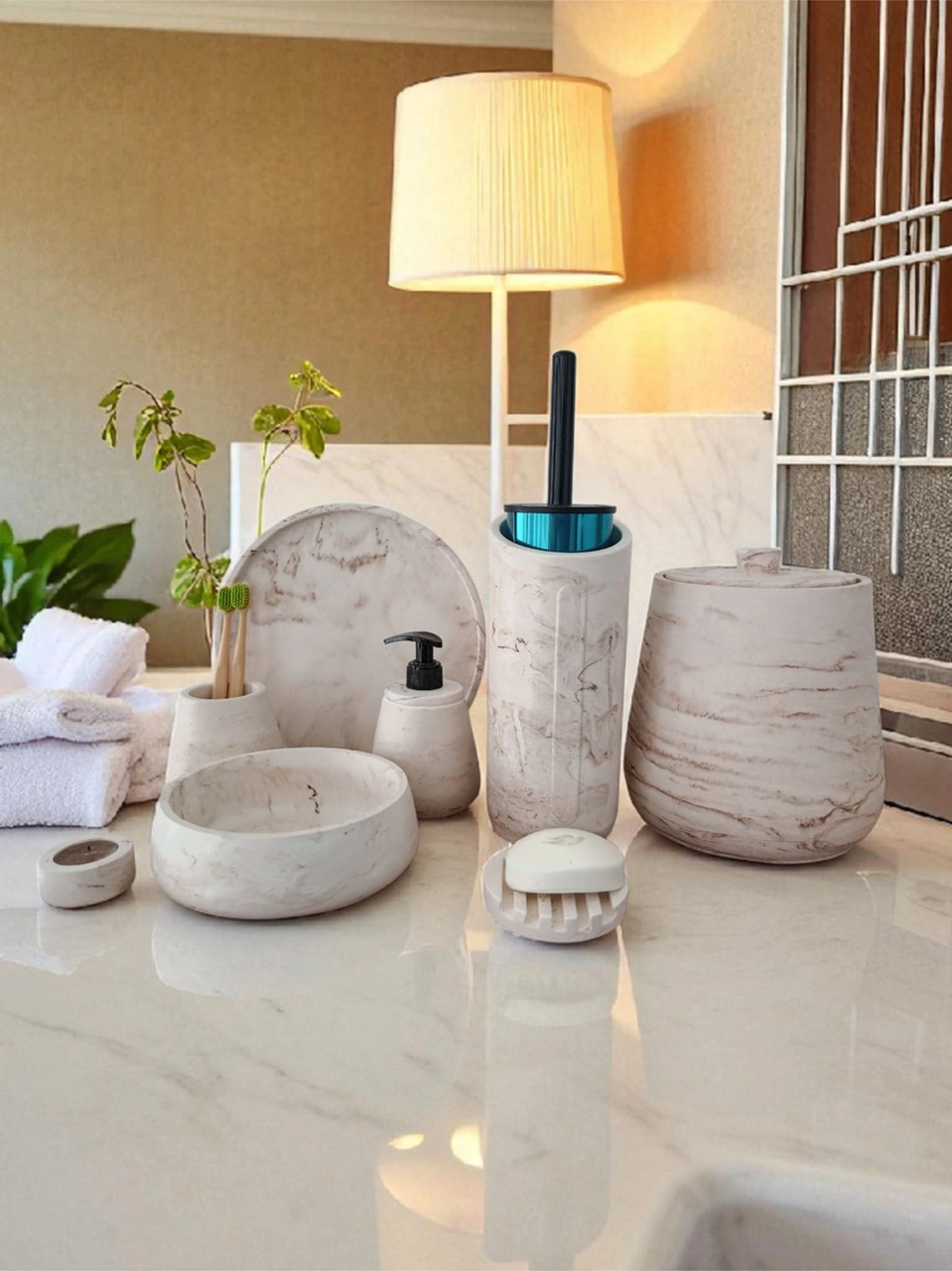 Mermer Desen Beton Banyo Seti,tuvalet Wc,çöp Kovası,katı,sıvı Sabunluk,tepsi,dekorasyon,aksesuar Gri