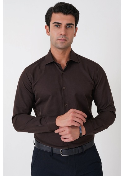 Slim Fit Pamuk Saten Klasik Kahverengi Gömlek Gk 604
