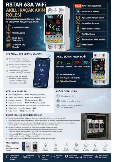 Rstar Wifi Akıllı Kaçak Akım Rölesi Tuya Uyumlu Voltaj Ve Akım Koruyucu Rstar-63lw