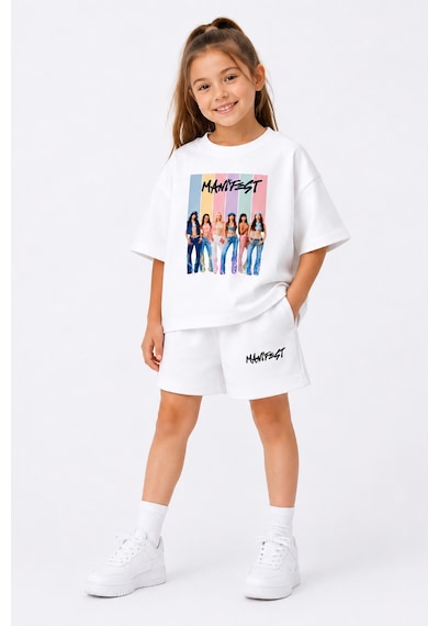 Fasardi Manifest Girls M6nifestgirls Baskılı Oversize %100 Pamuk Tişört Şort 2li Çocuk Takım Beyaz