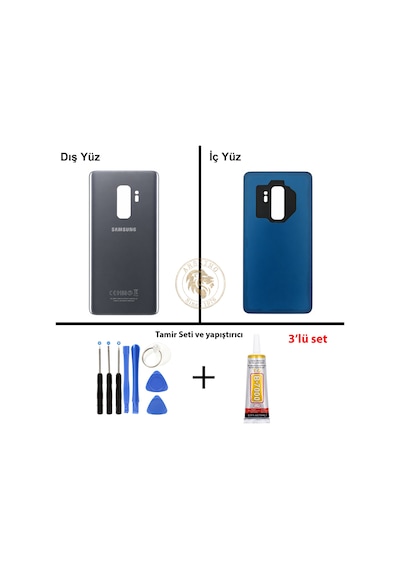 Samsung Galaxy S9 Plus Titanyum Gri Renk Arka Kapak + Tamir Seti + B7000 Yapıştırıcı Arka Cam Batarya Kapağı Pil Kapağı Lazer Kesim Back Cover Galaxy S9 Plus Uyumlu