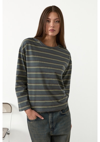 Grımelange Basıl Kadını Oversize %100 Organik Pamuk Örme Uzun Kol Yeşil- Çizgili T-shirt