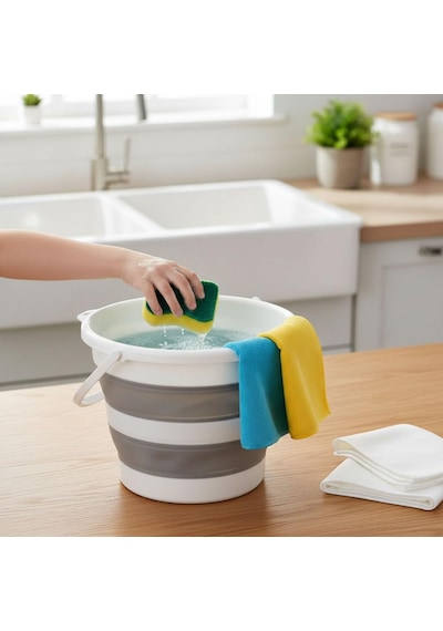 Katlanabilir Yer Kaplamayan Temizlik Kovası 13 Litre, Banyo, Mutfak Ve Temizlik İçin Katlanabil Beyaz Gri