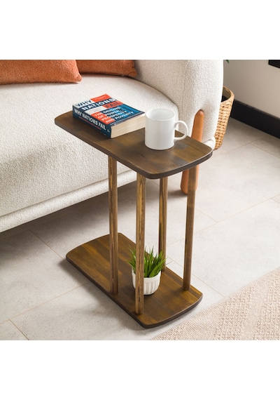 Furnirem Masif Çam Ahşap Modern C Sehpa Koltuk Yanı Yan Sehpa 49x24x55 Cm Koyu Ceviz