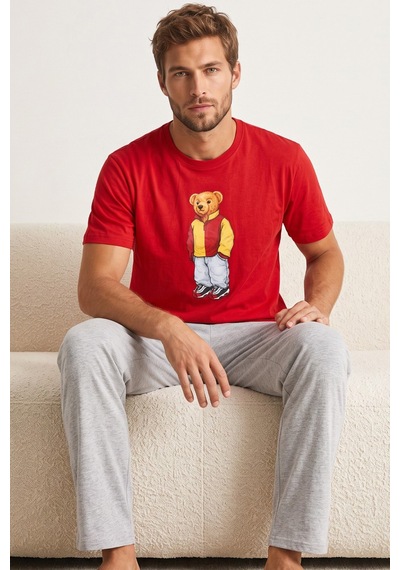 Siyah İnci Baskılı Pamuklu Örme Kısa Kollu Pijama Takım 8075 Kırmızı