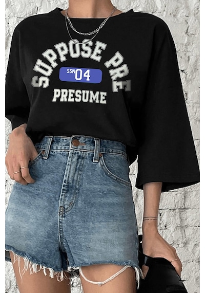 Unisex Suppose Pre Baskılı Oversize Tshirt Siyah