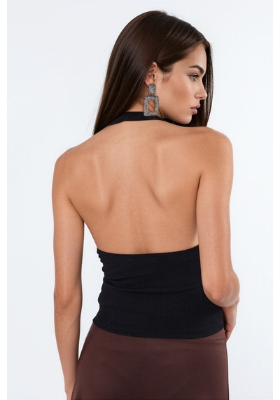 Hiccup Busem Kesik Detaylı Dar Kesim Halter Crop Bluz Siyah