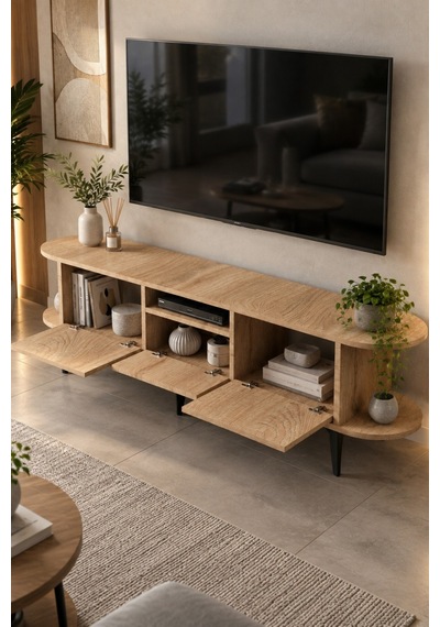 Sulorahome Bej Renkli Suntalam Tv Sehpası 160 Cm 3 Kapaklı Ve Raflı Yeşil