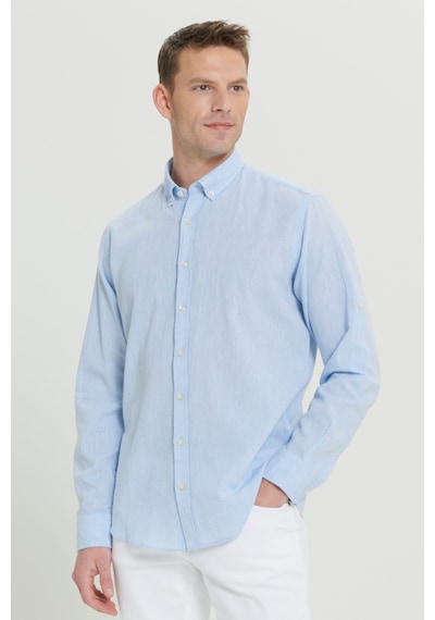 AC&Co / Altınyıldız Classics Erkek Comfort Fit Rahat Kesim Düğmeli Yaka Casual Keten Gömlek Açık Mavi