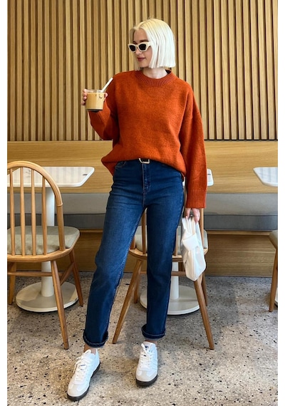 Madmext Madmext Bisiklet Yaka Oversize Triko Kazak MG1972 Kiremit Madmext Madmext Bisiklet Yaka Oversize Triko Kazak MG1972 Kiremit