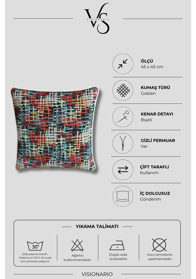 Desenli Goblen Dokuma Dekoratif Biye Kenarlı Kırlent Kılıfı Çok Renkli