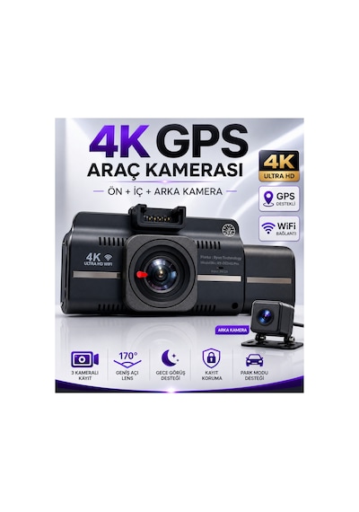4k Araç İçi Kamera 3 Kameralı Gps Wifi G Sensör Gece Görüşlü Ön Arka İç Kayıt Araç İçi Dışı Kamera