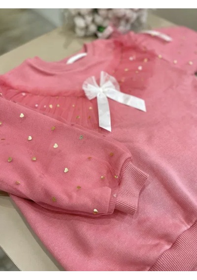 Kız Çocuk Fiyonk Kurdela Detay Organze Tül Kol Mini Kalpler Detaylı Sweatshirt 3 İplik Pudra Pembe Renk Pudra