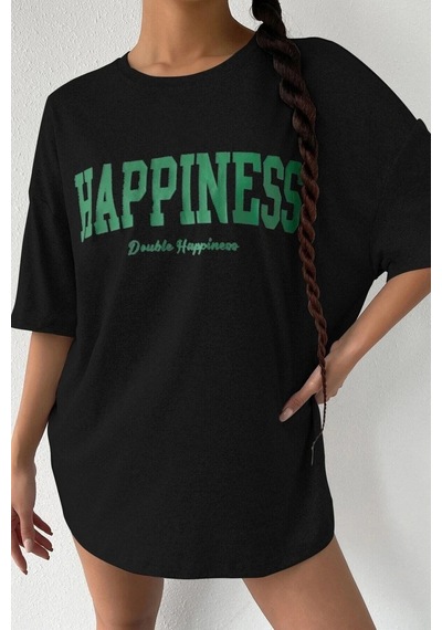 Startmore Kadın Oversize Hapiness Baskılı Siyah Siyah