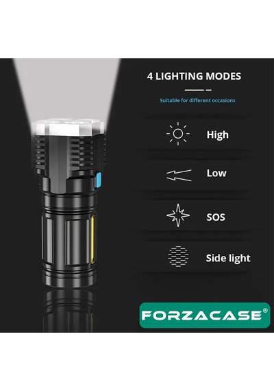4 Ledli Şarj Edilebilir Çakarlı 4 Mod Outdoor El Feneri -fc954 Siyah