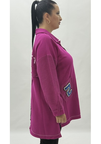 Büyük Beden Yakalı Cepli Sloganlı Uzun Kol Oversize Viskon Kadın Tunik Sweatshirt Pembe